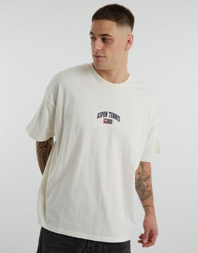 Aspen Tennis Box Fit Graphic T Shirt in Off White | Hallensteins NZ
