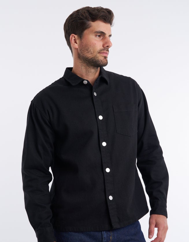 Heavy Twill Long Sleeve Shirt in Black | Hallensteins NZ