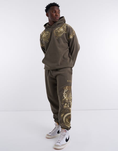 Dragon Gold Embroidered Track Pant in Pesto