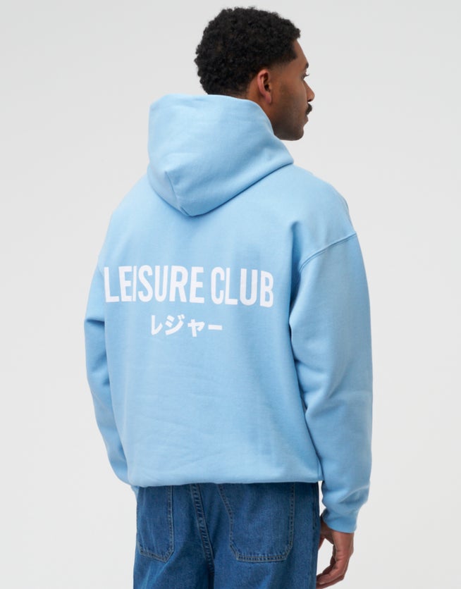 Leisure Club Print Oversized Hoodie in Powder Blue | Hallensteins AU