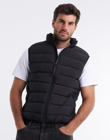 Black Slim Fit Puffer Vest for Men by