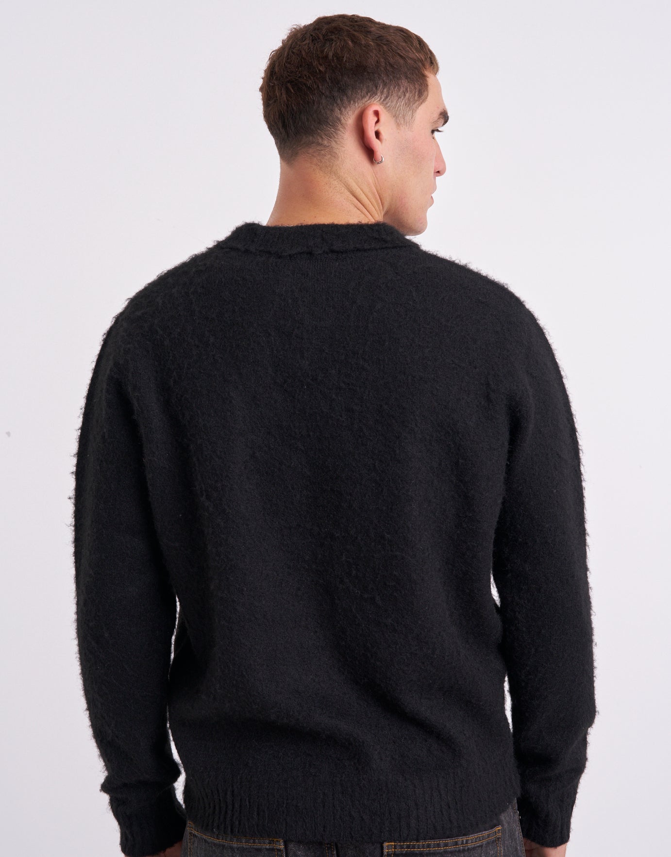 Fluffy Long Sleeve Knit Polo in Black | Hallensteins US