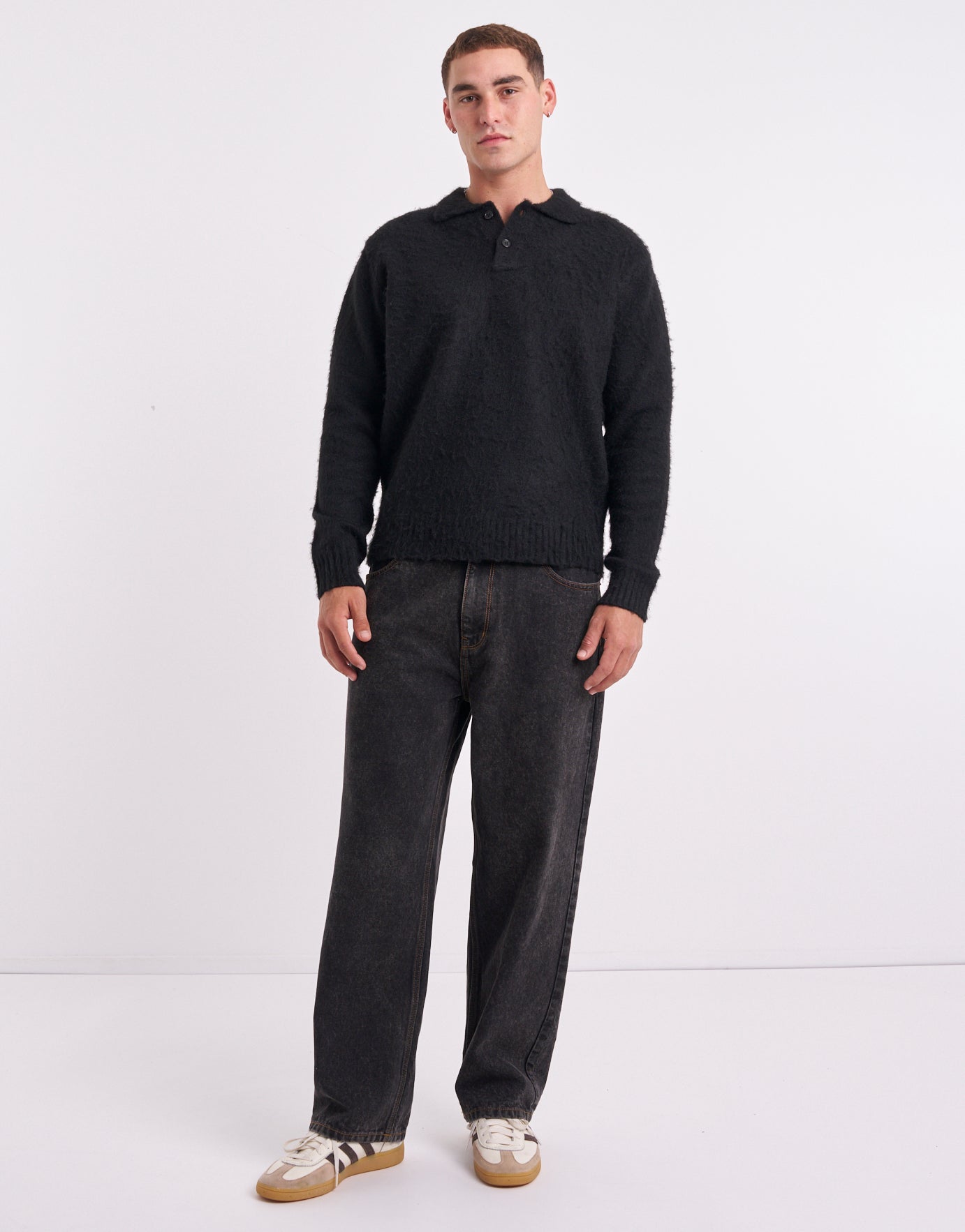 Fluffy Long Sleeve Knit Polo in Black | Hallensteins US