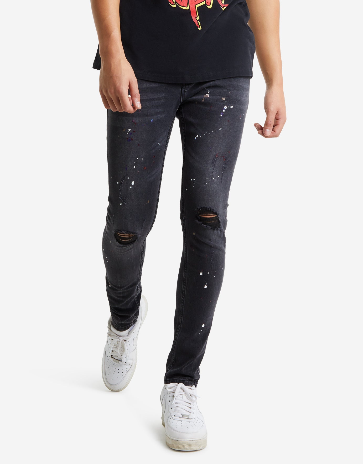 mens paint splatter skinny jeans