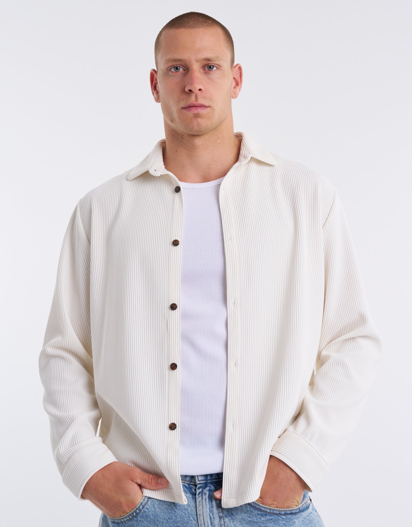 Plisse Long Sleeve Shirt in Off White