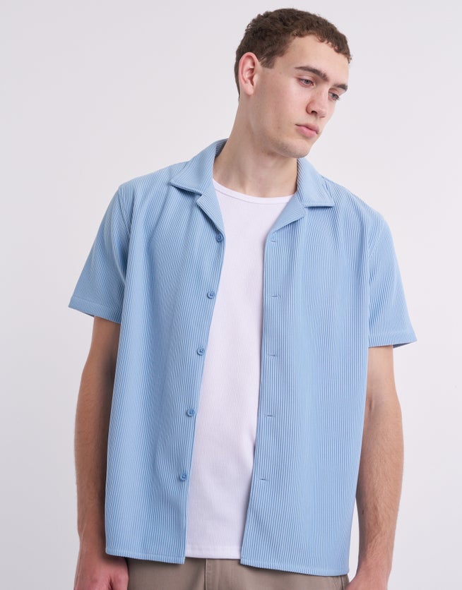 Plisse Relaxed Short Sleeve Shirt in Powder Blue | Hallensteins AU