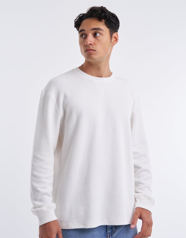 Ribbed Waffle Texture Long Sleeve Tee in White | Hallensteins US