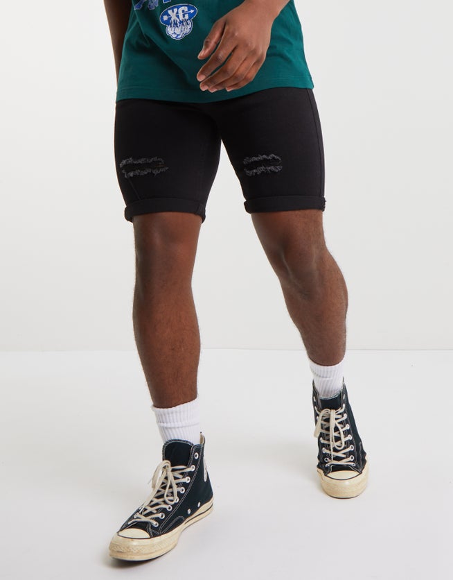 Ripped Slim Fit Denim Shorts In Solid Black Hallensteins Nz 9845