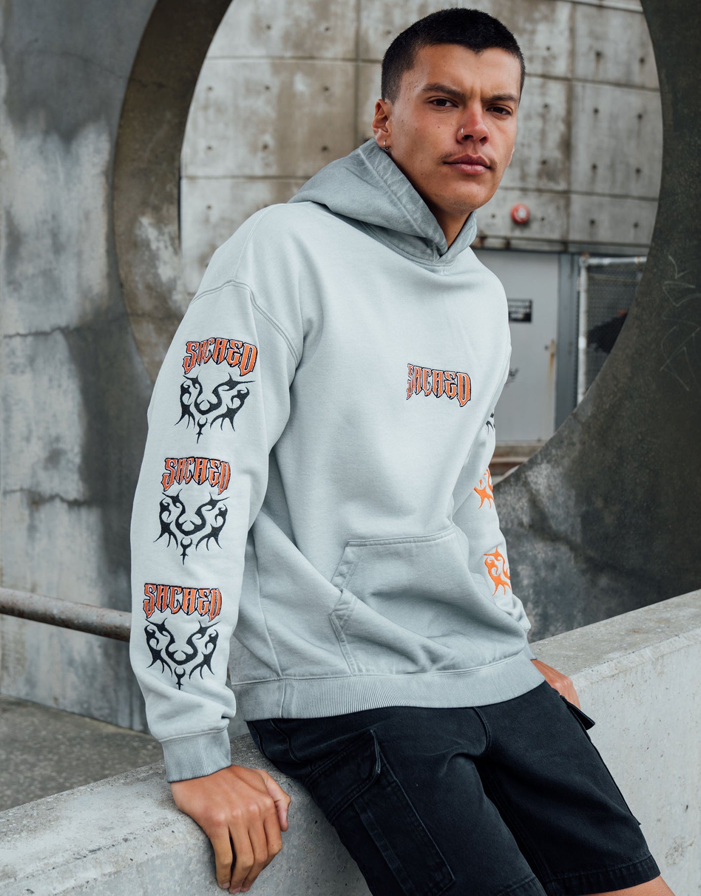 Sacred Embroidered Oversize Hoodie in Pebble Hallensteins NZ