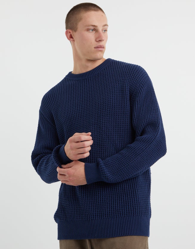 Waffle Crew Knit Jumper in Navy | Hallensteins US