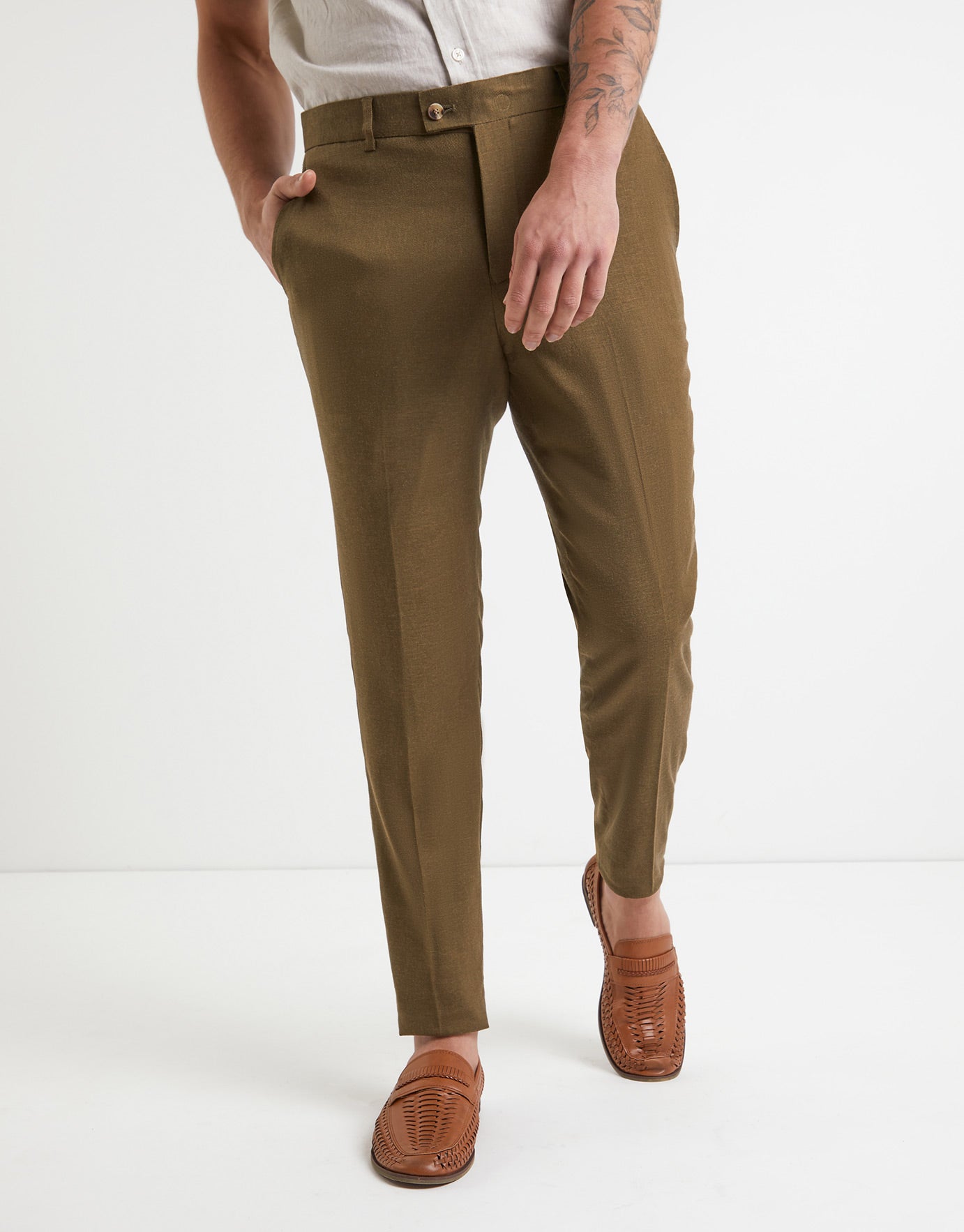 Linen Club Beige Slim Fit Linen Flat Front Trousers