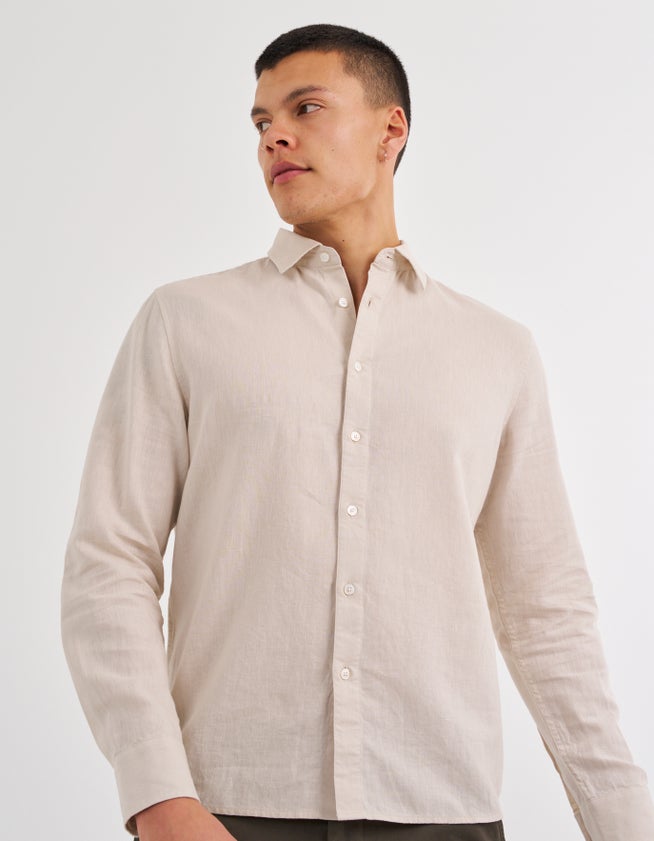 Linen Blend Long Sleeve Shirt in Oat | Hallensteins NZ