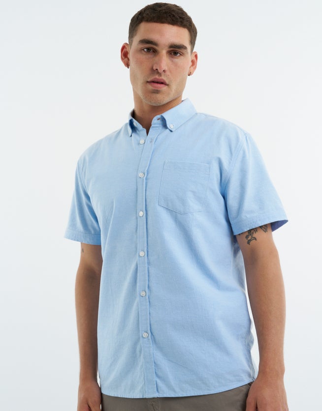 Oxford Cotton Short Sleeve Shirt in Light Blue | Hallensteins NZ