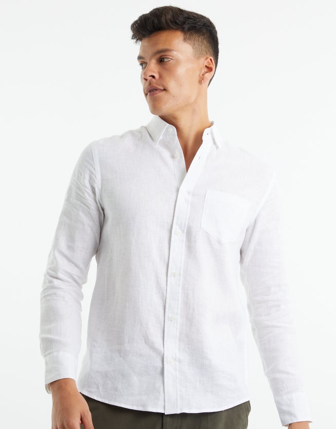 100% Premium Linen Long Sleeve Shirt in White | Hallensteins US