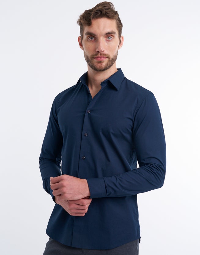 Plain Stretch Slim Fit Dress Shirt in Navy | Hallensteins NZ