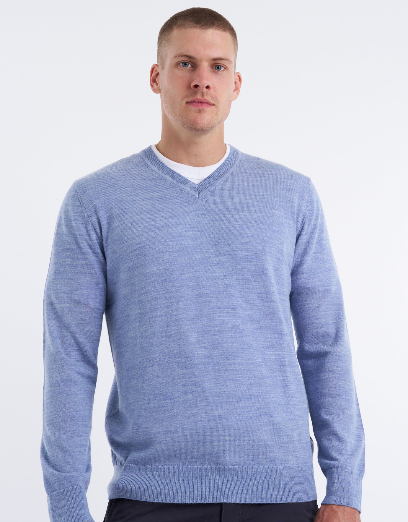 100% Merino V Neck Knit in Blue | Hallensteins NZ