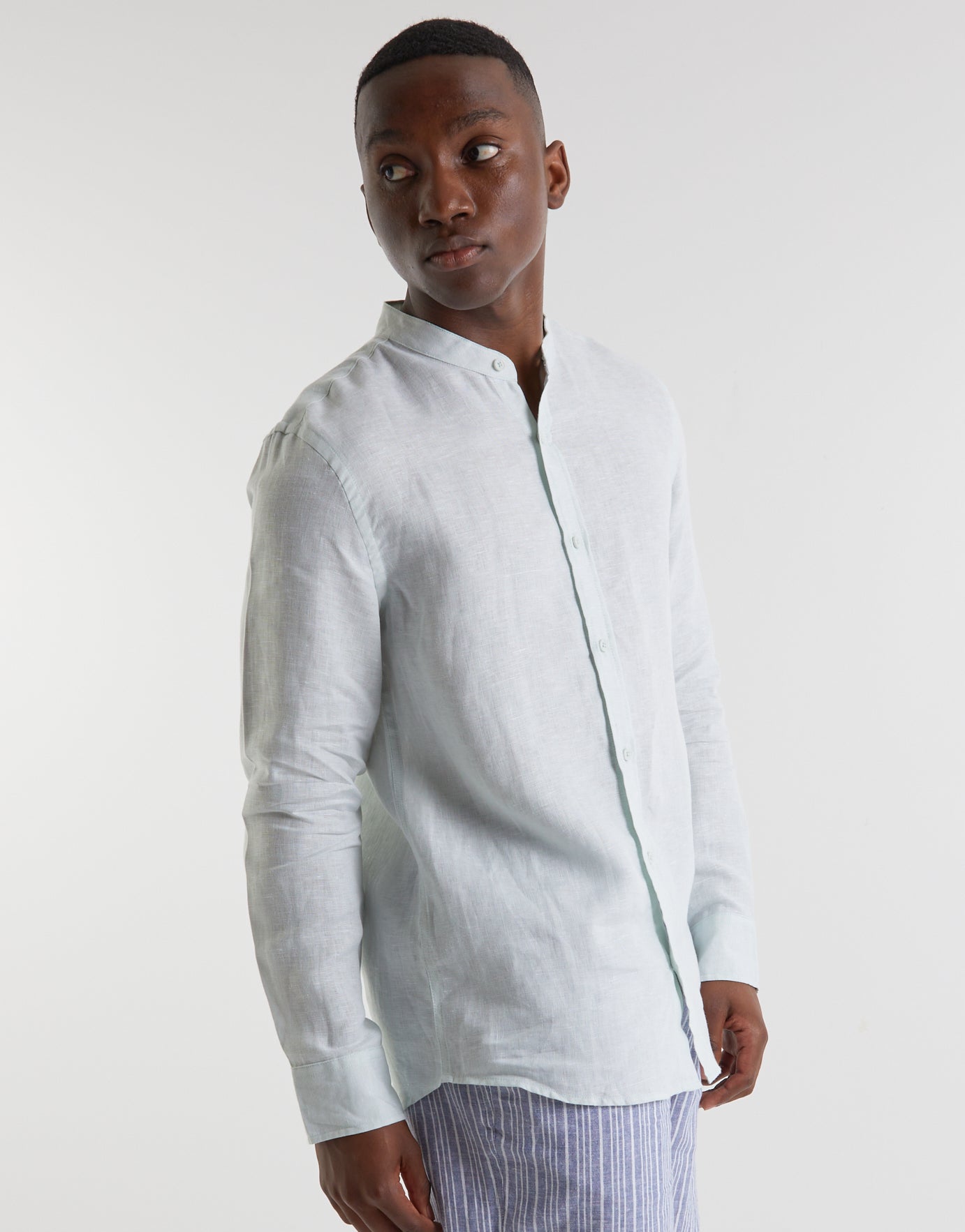 white collarless dress shirt